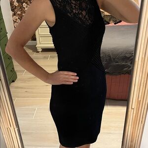 Calvin Klein Black stretch Midi Dress with Lace accent